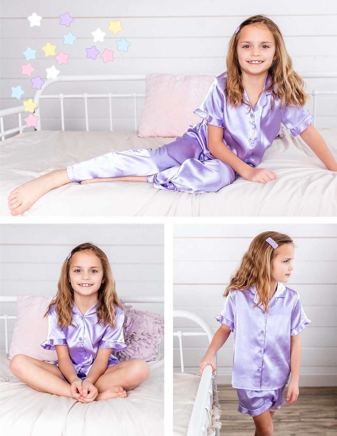 image:imageArshiner Girls Pajamas Sets 3 Piece Silk Pjs Short Sleeve Sleepwear Satin Ruffle NightwearLight Purple