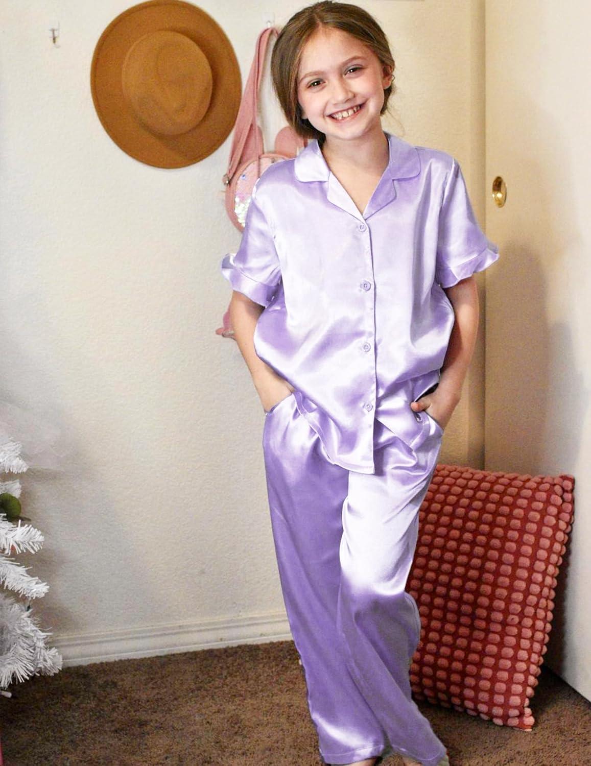 image:imageArshiner Girls Pajamas Sets 3 Piece Silk Pjs Short Sleeve Sleepwear Satin Ruffle NightwearLight Purple