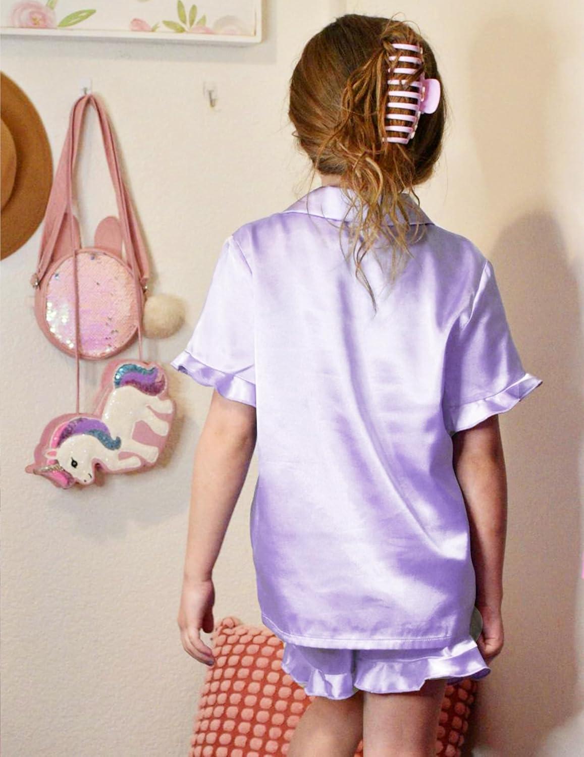 image:imageArshiner Girls Pajamas Sets 3 Piece Silk Pjs Short Sleeve Sleepwear Satin Ruffle NightwearLight Purple