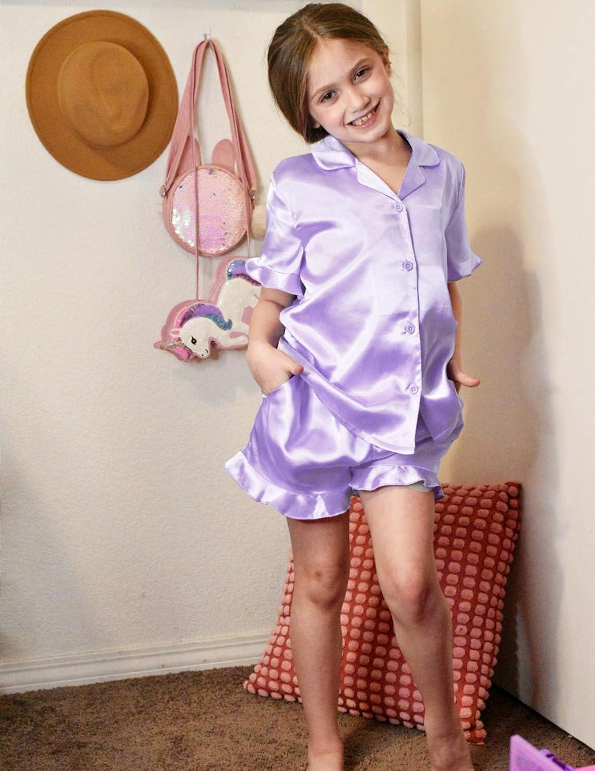 image:imageArshiner Girls Pajamas Sets 3 Piece Silk Pjs Short Sleeve Sleepwear Satin Ruffle NightwearLight Purple