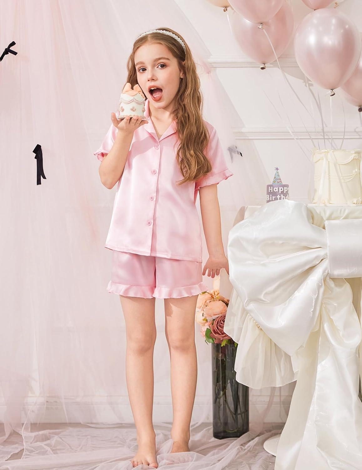 image:imageArshiner Girls Pajamas Sets 3 Piece Silk Pjs Short Sleeve Sleepwear Satin Ruffle NightwearLotus Root Pink