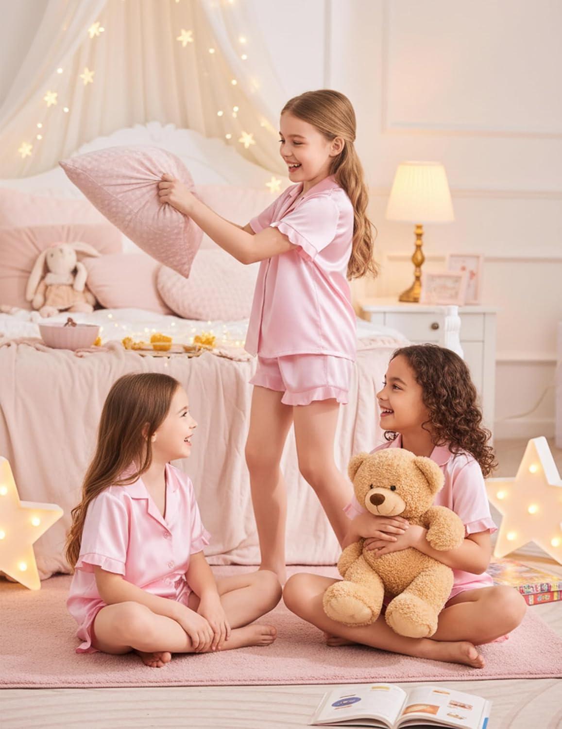 image:imageArshiner Girls Pajamas Sets 3 Piece Silk Pjs Short Sleeve Sleepwear Satin Ruffle NightwearLotus Root Pink