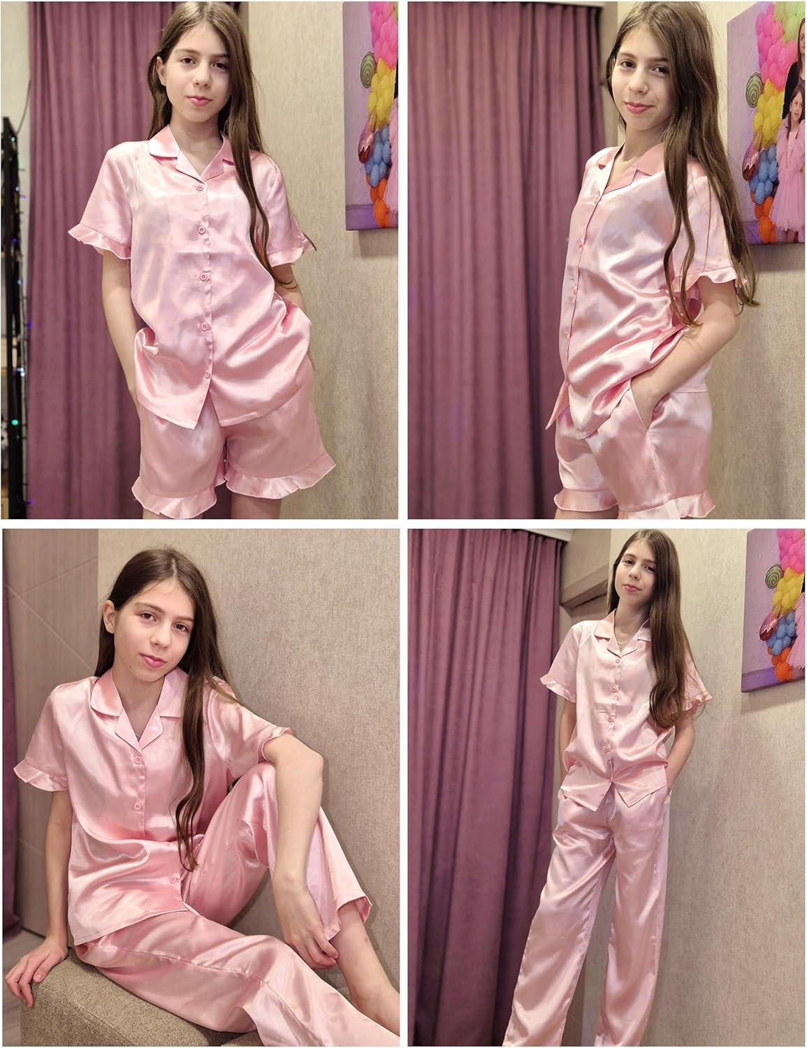 image:imageArshiner Girls Pajamas Sets 3 Piece Silk Pjs Short Sleeve Sleepwear Satin Ruffle NightwearLotus Root Pink