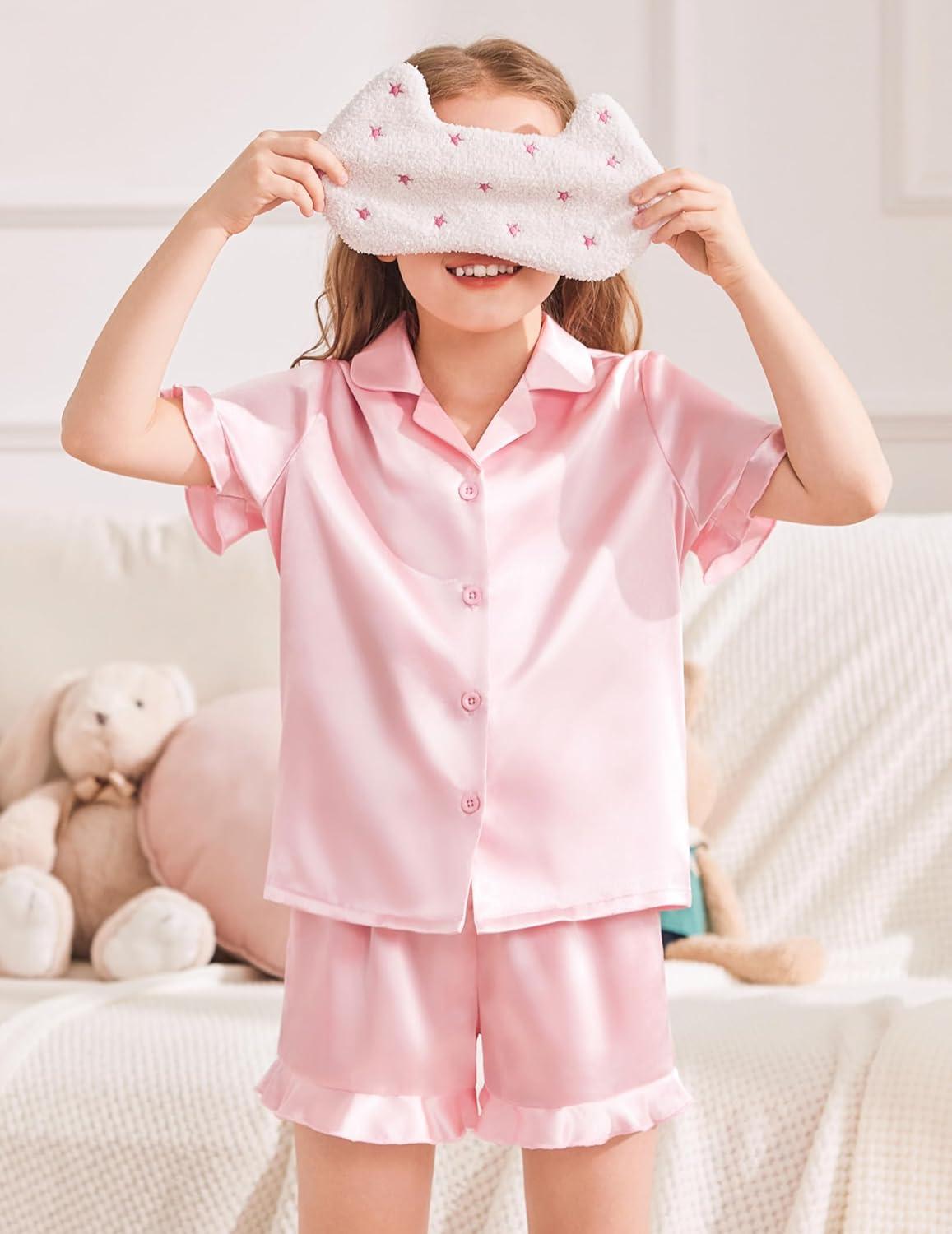 image:imageArshiner Girls Pajamas Sets 3 Piece Silk Pjs Short Sleeve Sleepwear Satin Ruffle NightwearLotus Root Pink
