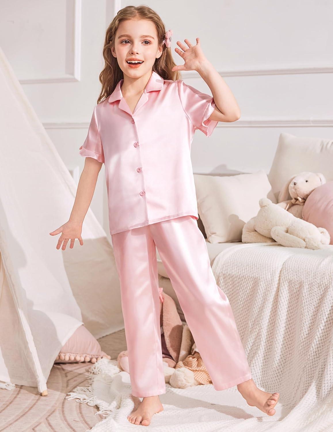 image:imageArshiner Girls Pajamas Sets 3 Piece Silk Pjs Short Sleeve Sleepwear Satin Ruffle NightwearLotus Root Pink