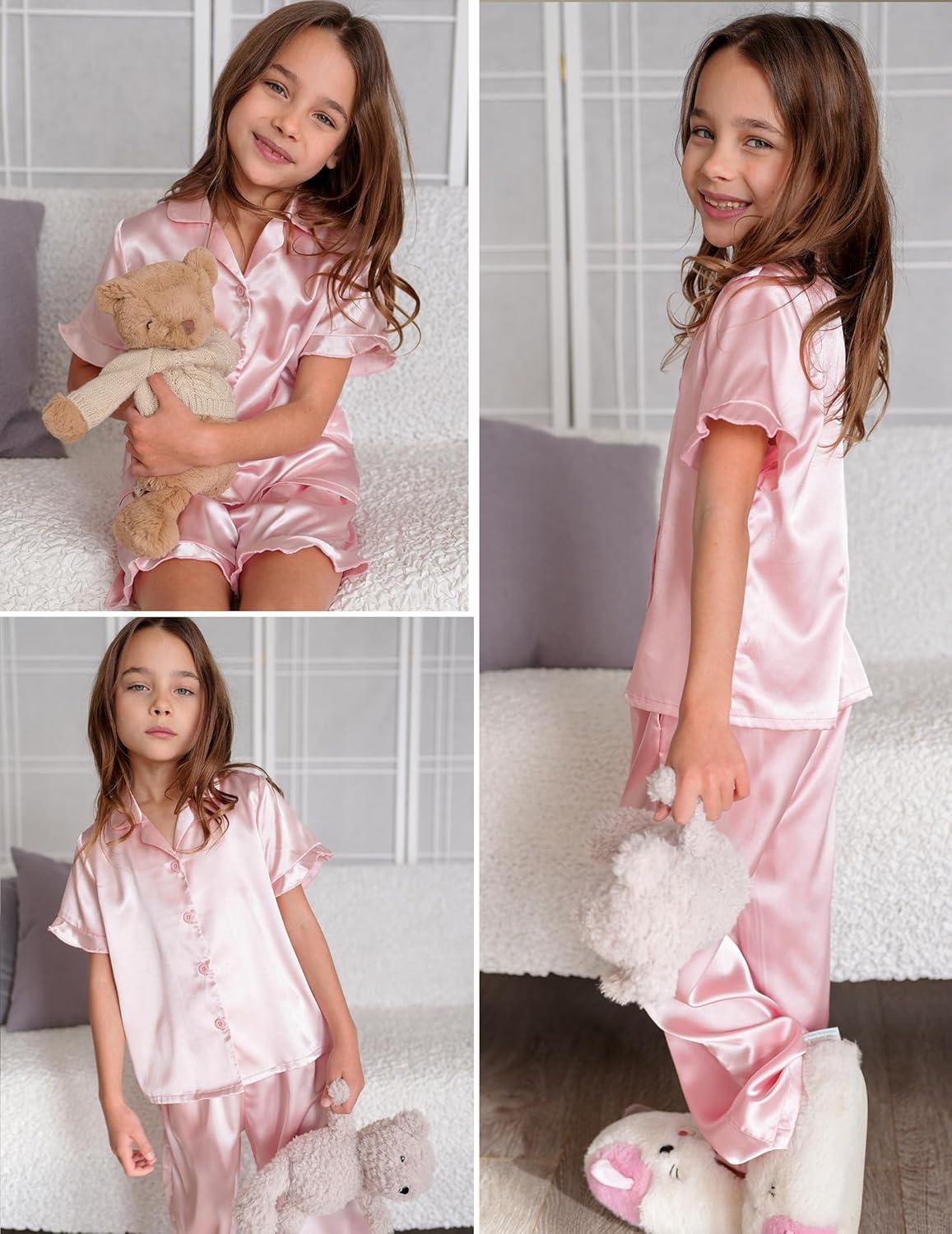 image:imageArshiner Girls Pajamas Sets 3 Piece Silk Pjs Short Sleeve Sleepwear Satin Ruffle NightwearLotus Root Pink