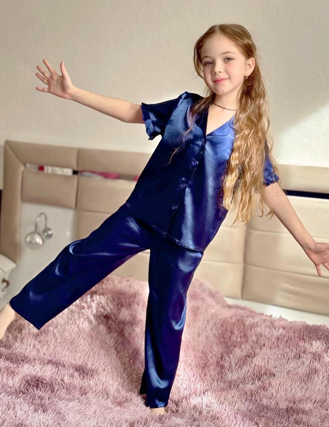 image:imageArshiner Girls Pajamas Sets 3 Piece Silk Pjs Short Sleeve Sleepwear Satin Ruffle NightwearNavy