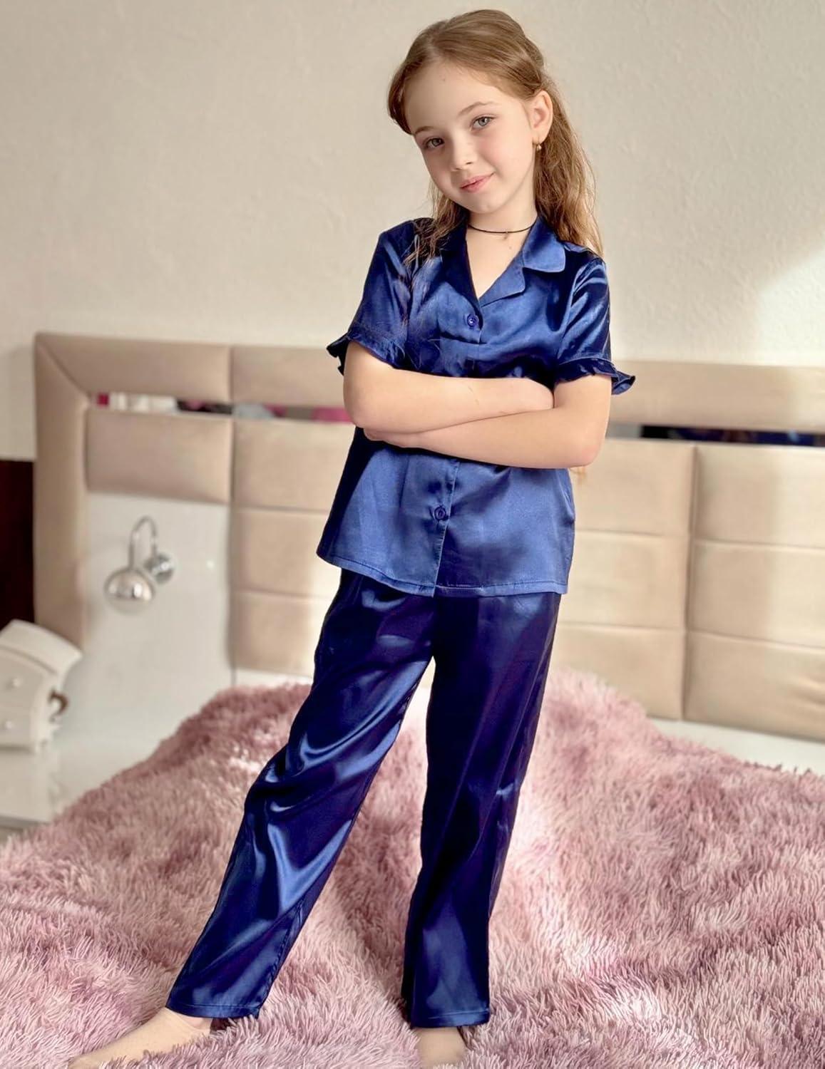 image:imageArshiner Girls Pajamas Sets 3 Piece Silk Pjs Short Sleeve Sleepwear Satin Ruffle NightwearNavy