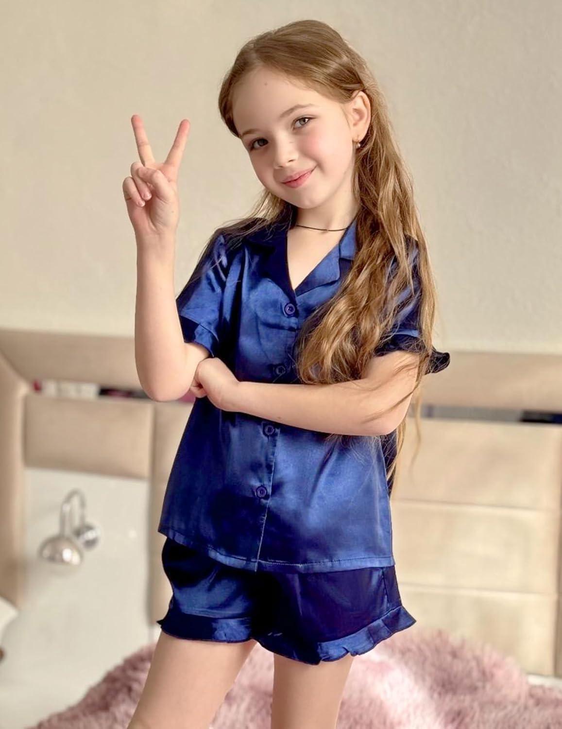 image:imageArshiner Girls Pajamas Sets 3 Piece Silk Pjs Short Sleeve Sleepwear Satin Ruffle NightwearNavy