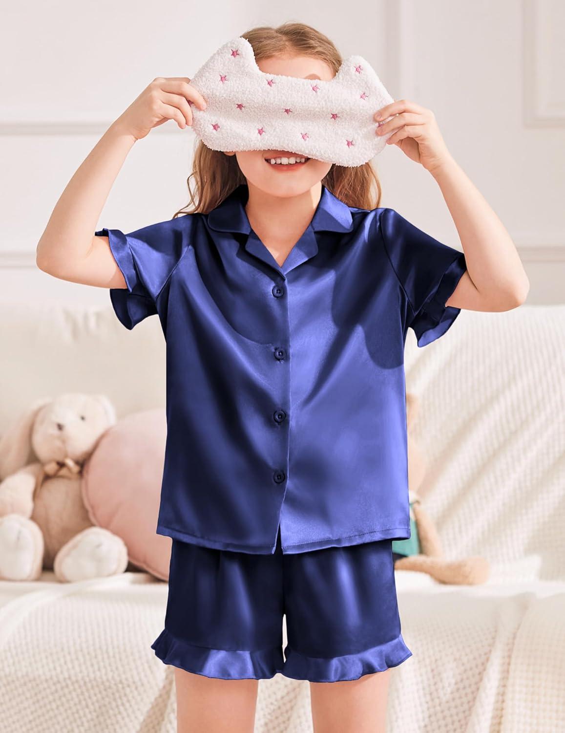 image:imageArshiner Girls Pajamas Sets 3 Piece Silk Pjs Short Sleeve Sleepwear Satin Ruffle NightwearNavy