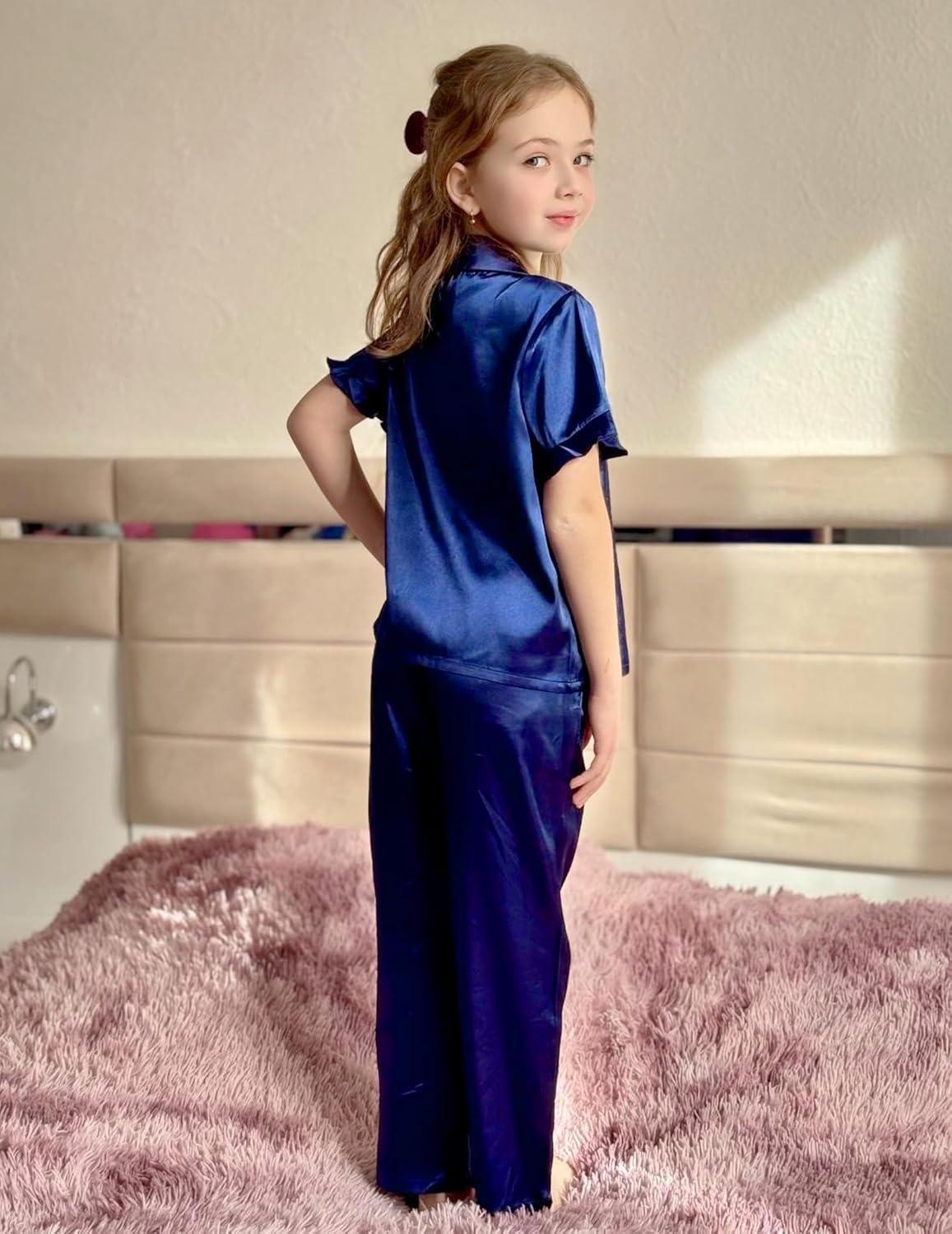 image:imageArshiner Girls Pajamas Sets 3 Piece Silk Pjs Short Sleeve Sleepwear Satin Ruffle NightwearNavy