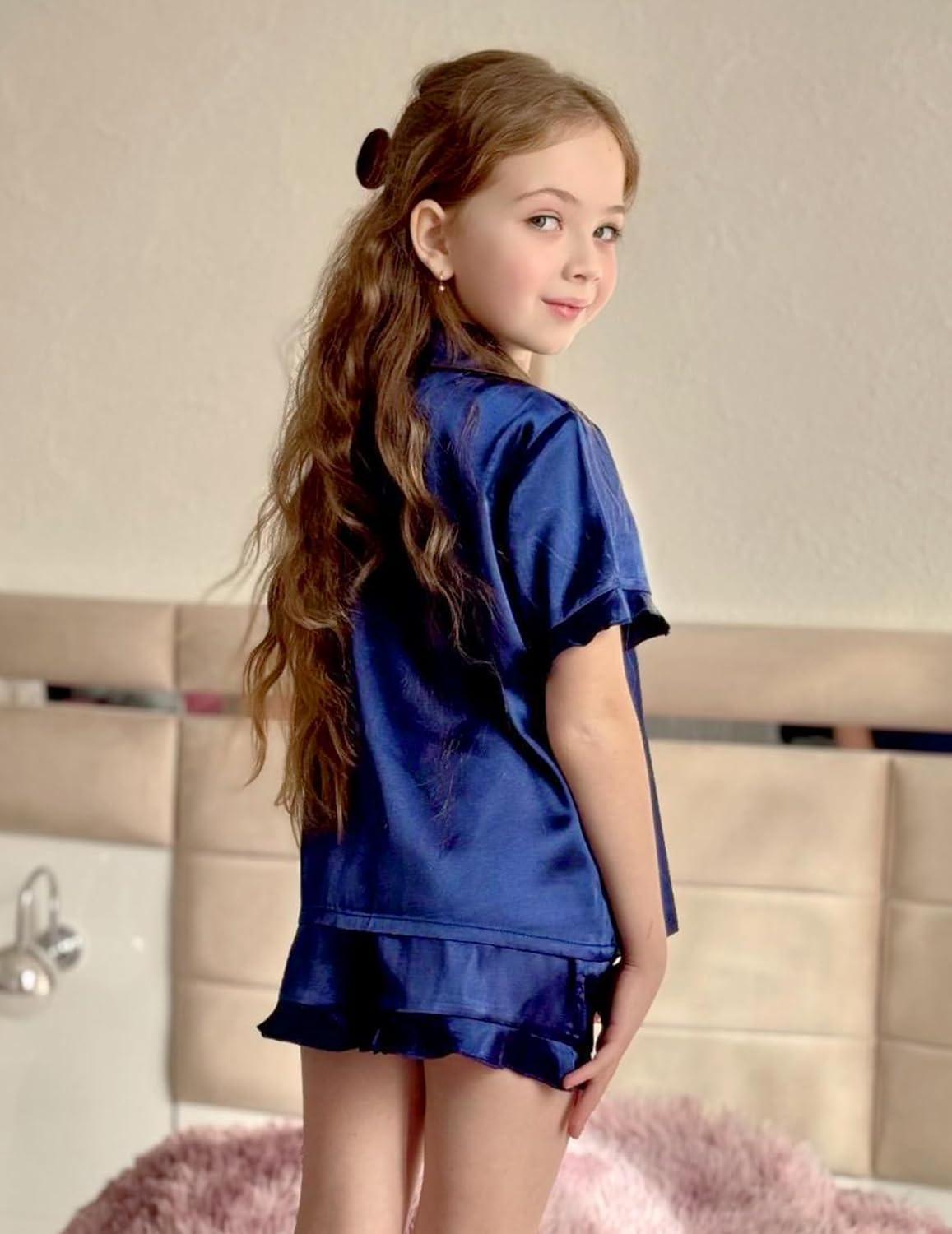 image:imageArshiner Girls Pajamas Sets 3 Piece Silk Pjs Short Sleeve Sleepwear Satin Ruffle NightwearNavy