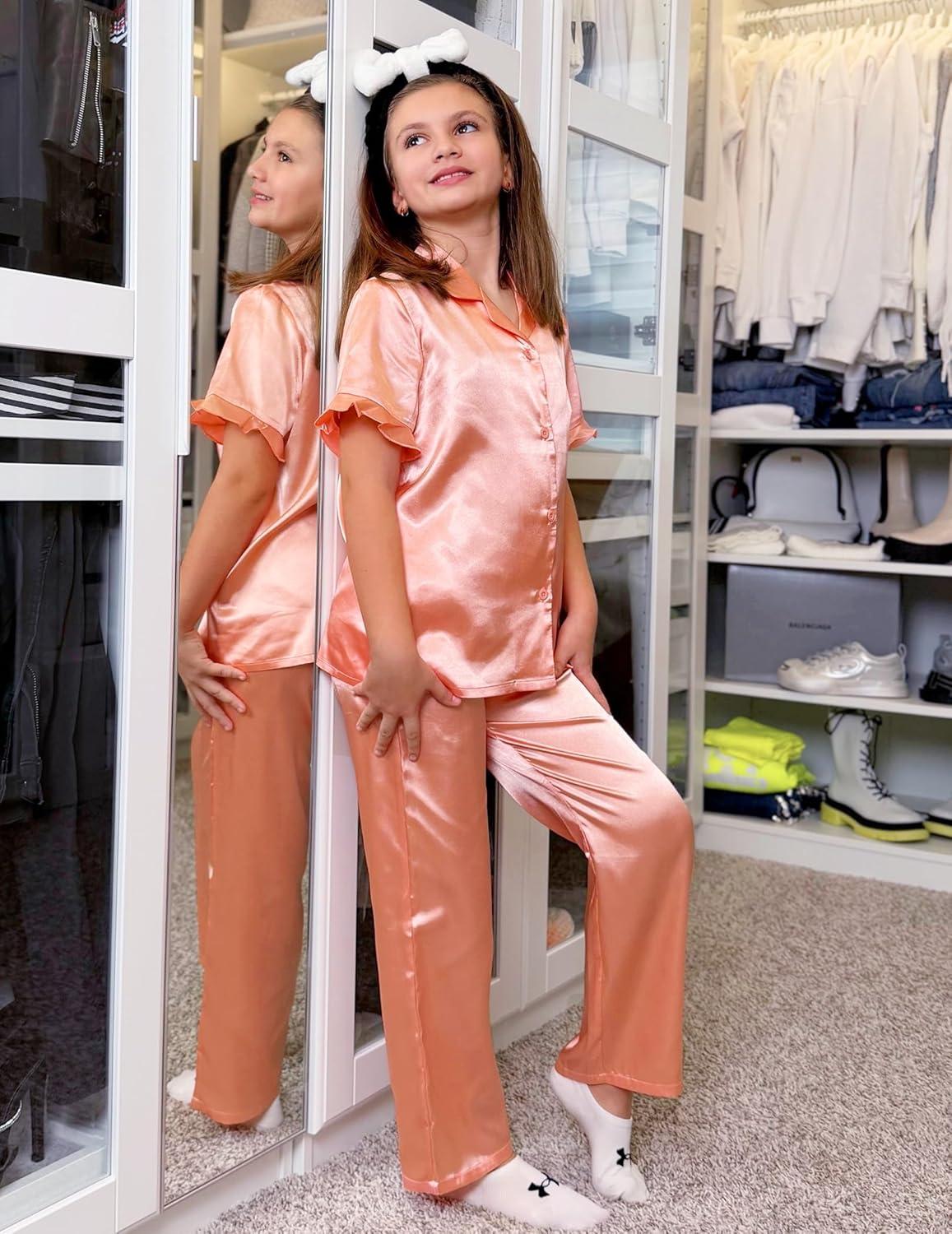 image:imageArshiner Girls Pajamas Sets 3 Piece Silk Pjs Short Sleeve Sleepwear Satin Ruffle NightwearOrange Pink