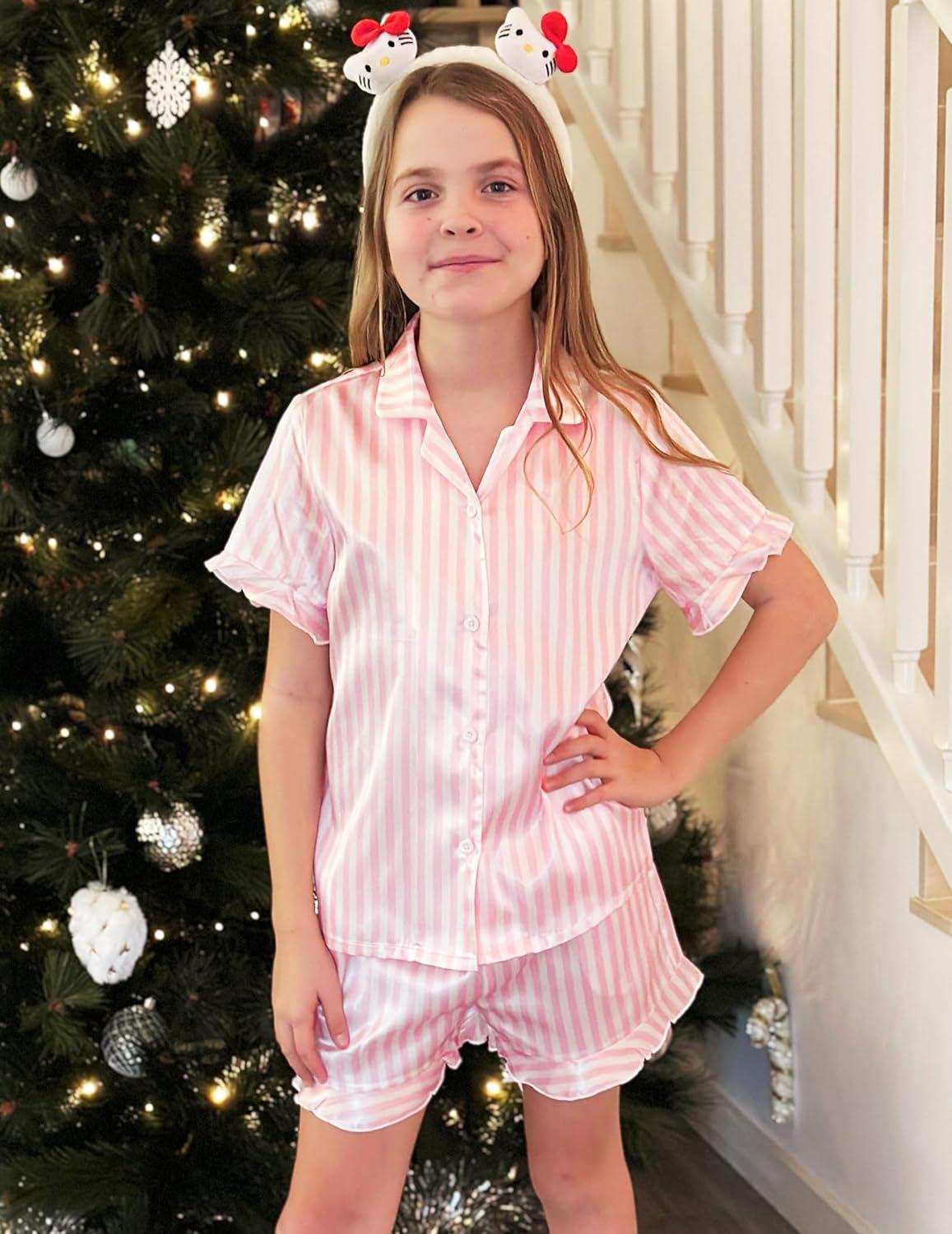 image:imageArshiner Girls Pajamas Sets 3 Piece Silk Pjs Short Sleeve Sleepwear Satin Ruffle NightwearPink Stripes