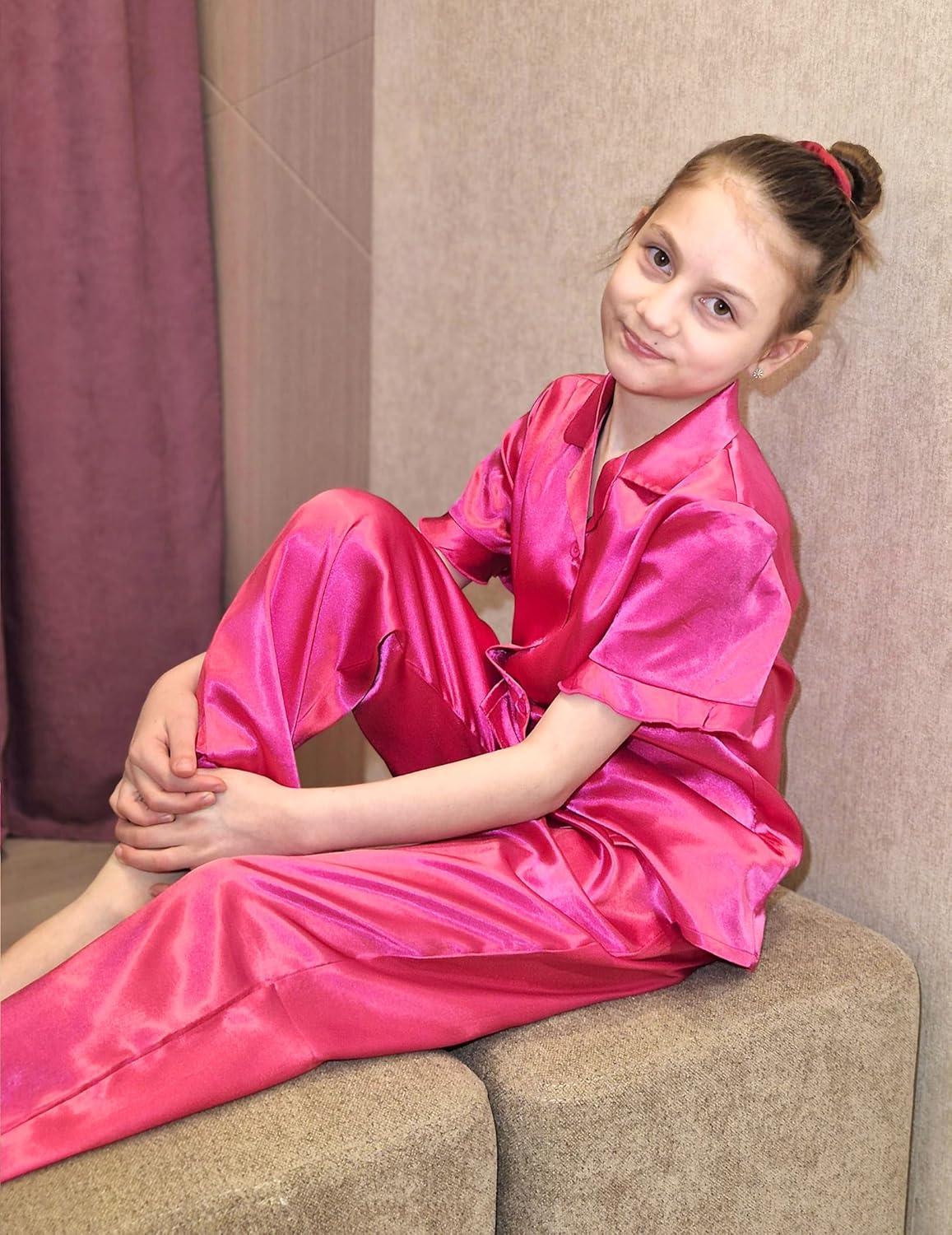image:imageArshiner Girls Pajamas Sets 3 Piece Silk Pjs Short Sleeve Sleepwear Satin Ruffle NightwearRose Red