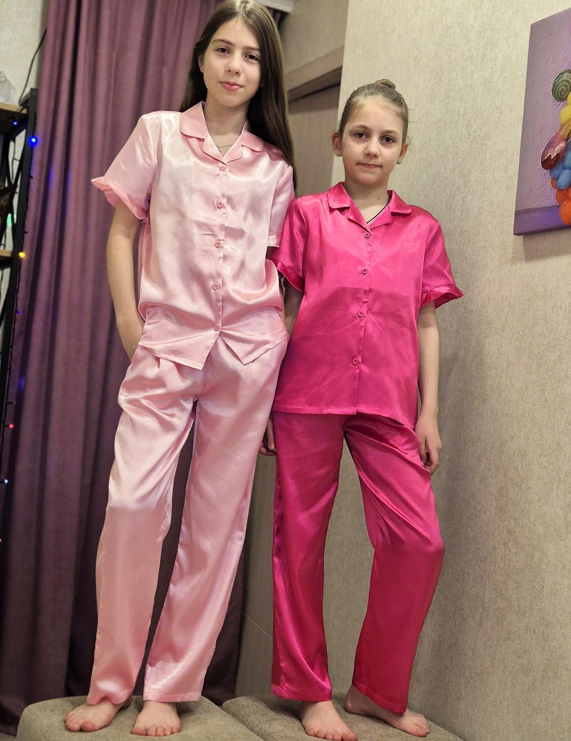 image:imageArshiner Girls Pajamas Sets 3 Piece Silk Pjs Short Sleeve Sleepwear Satin Ruffle NightwearRose Red