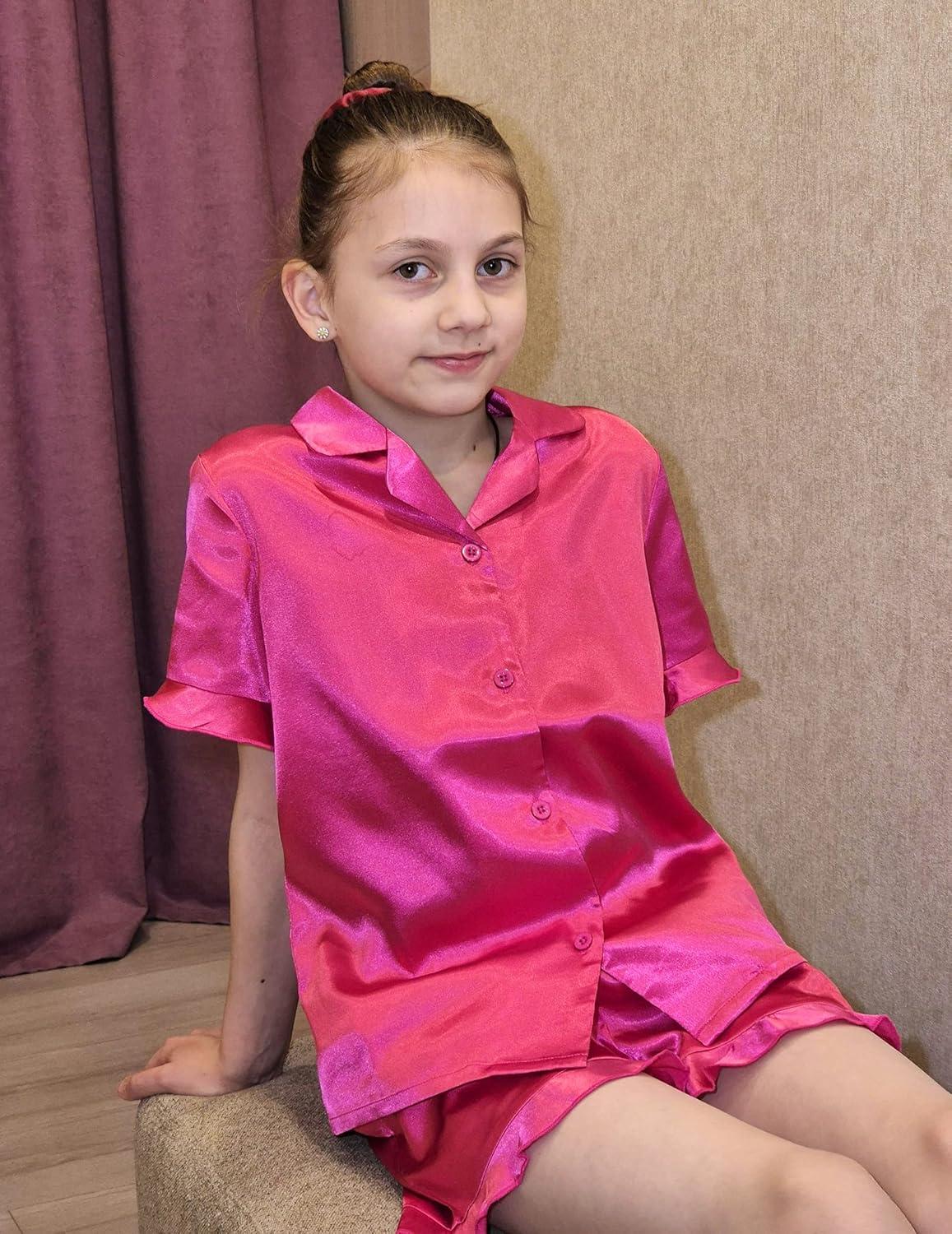image:imageArshiner Girls Pajamas Sets 3 Piece Silk Pjs Short Sleeve Sleepwear Satin Ruffle NightwearRose Red