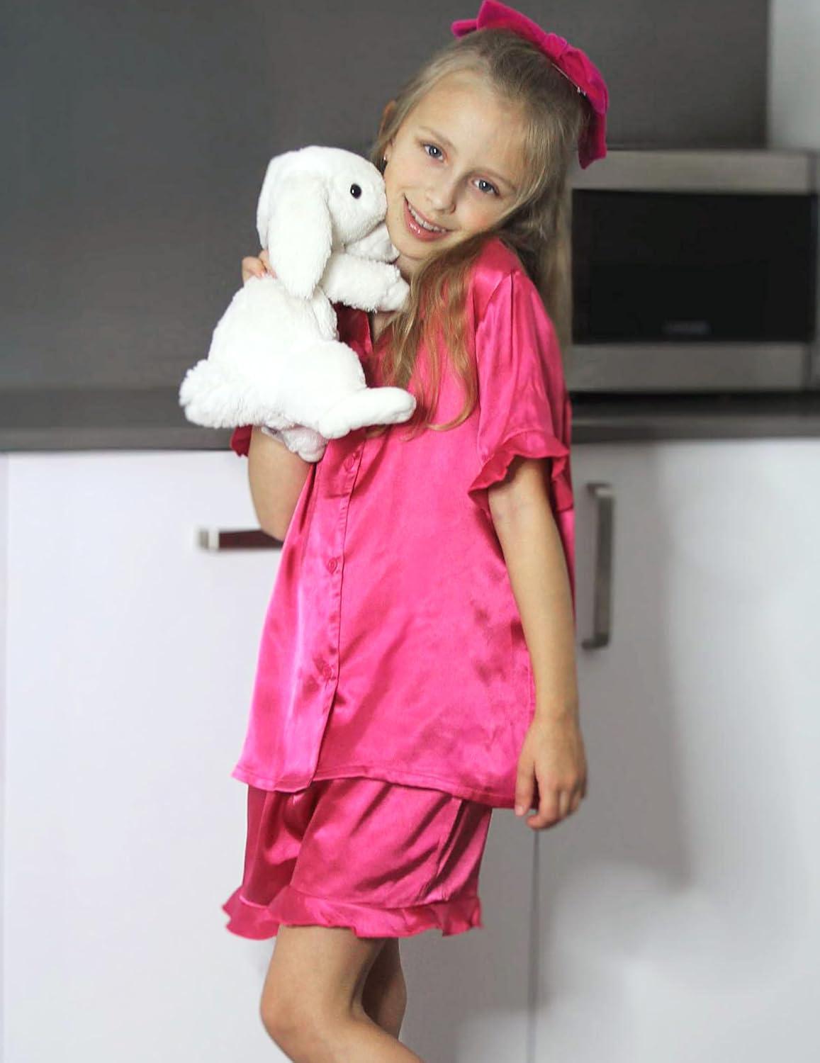 image:imageArshiner Girls Pajamas Sets 3 Piece Silk Pjs Short Sleeve Sleepwear Satin Ruffle NightwearRose Red