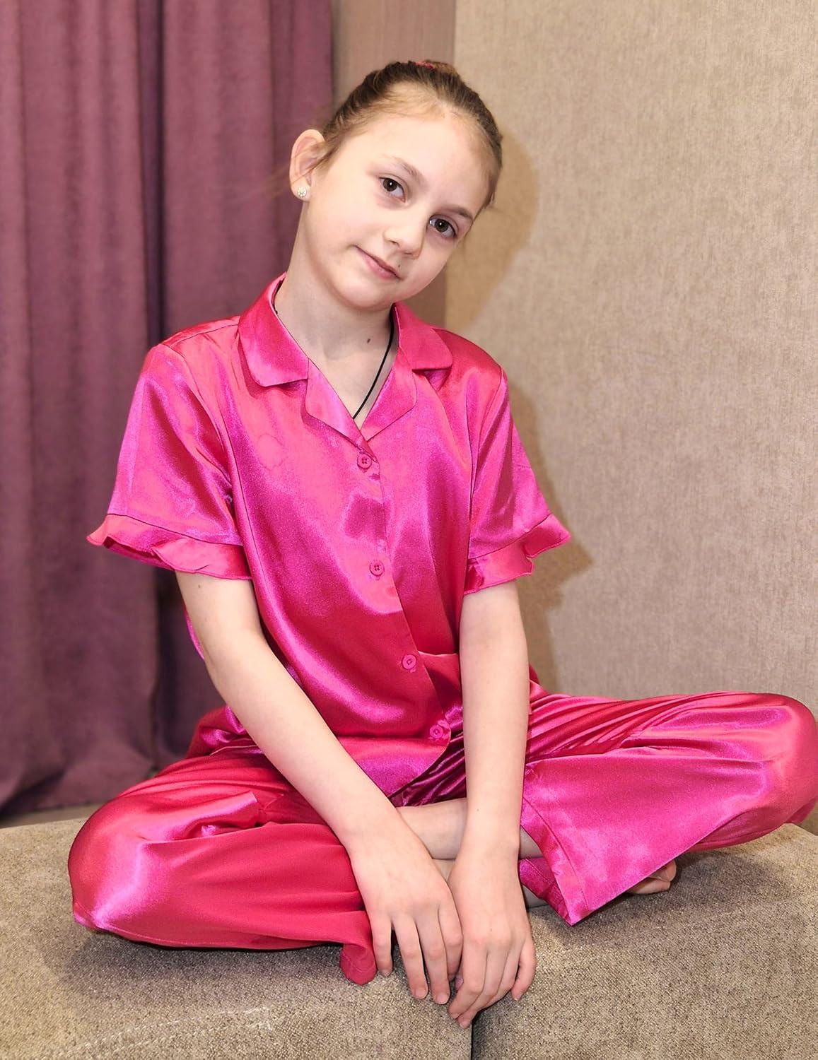 image:imageArshiner Girls Pajamas Sets 3 Piece Silk Pjs Short Sleeve Sleepwear Satin Ruffle NightwearRose Red