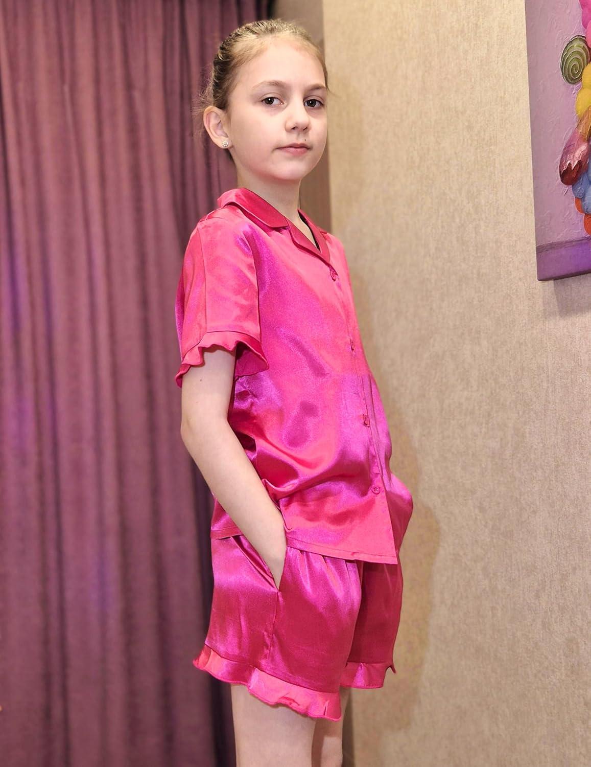 image:imageArshiner Girls Pajamas Sets 3 Piece Silk Pjs Short Sleeve Sleepwear Satin Ruffle NightwearRose Red