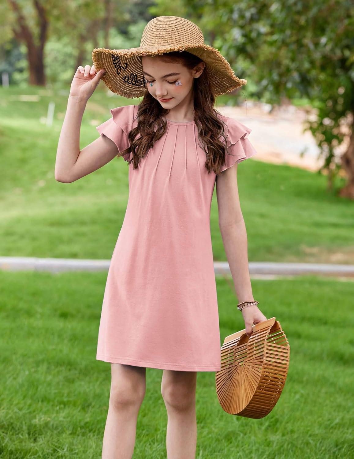 image:imageArshiner Girls Summer Dress Tween Flutter Sleeve Pleated Front A Line Boho Beach Casual DressesLight Pink