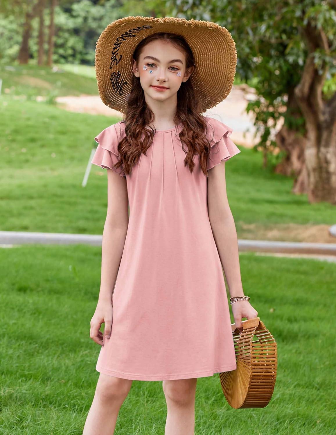 image:imageArshiner Girls Summer Dress Tween Flutter Sleeve Pleated Front A Line Boho Beach Casual DressesLight Pink