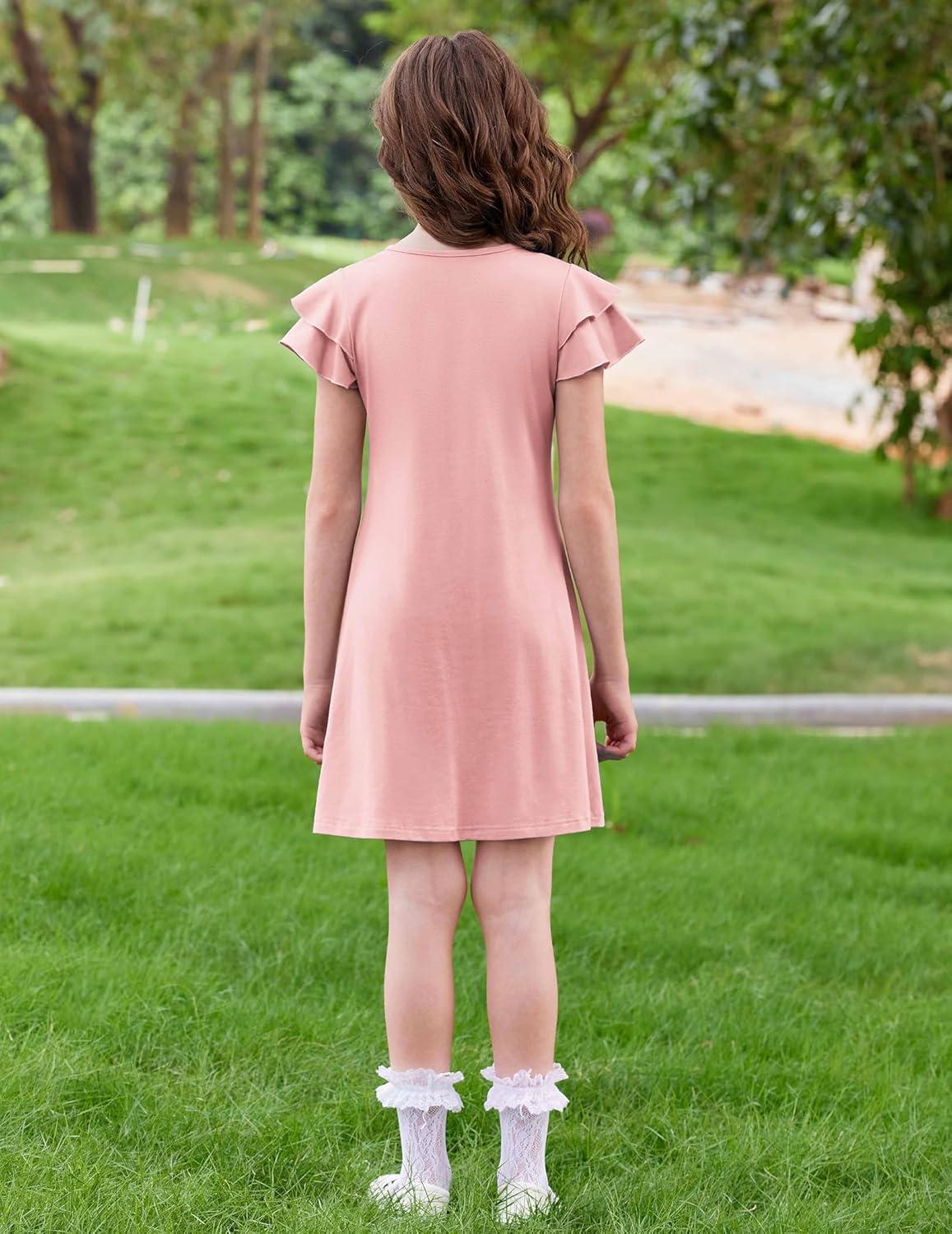 image:imageArshiner Girls Summer Dress Tween Flutter Sleeve Pleated Front A Line Boho Beach Casual DressesLight Pink
