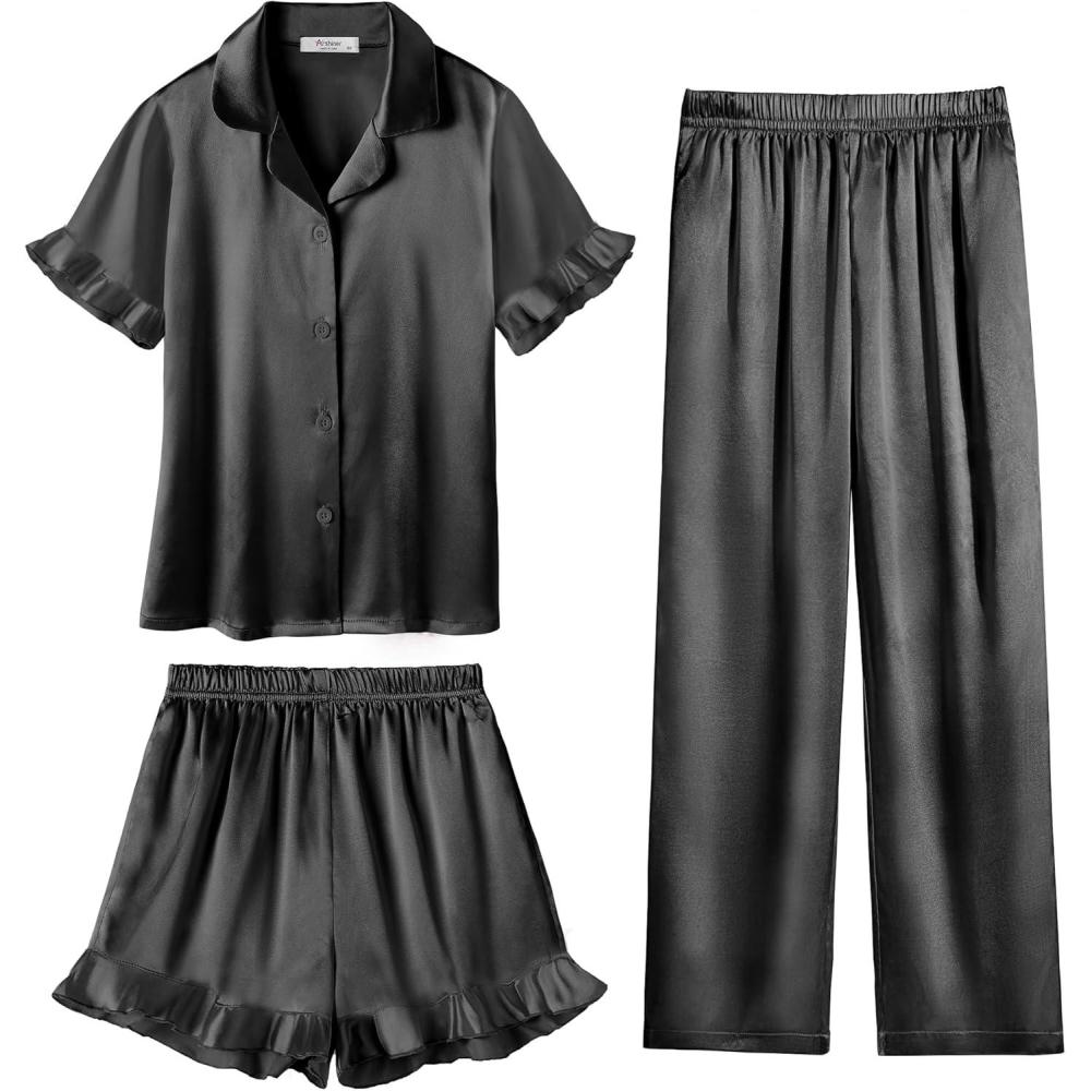 image:imageArshiner Girls Pajamas Sets 3 Piece Silk Pjs Short Sleeve Sleepwear Satin Ruffle NightwearBlack