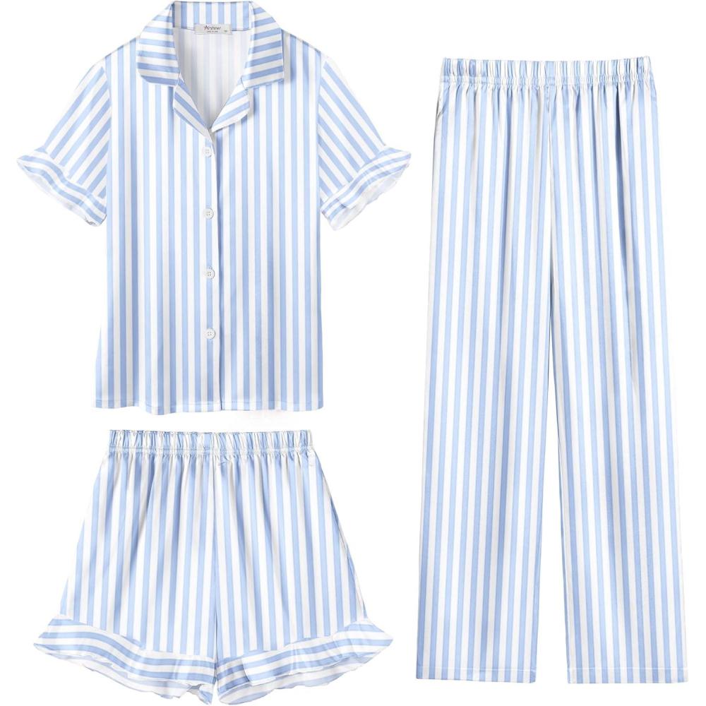 image:imageArshiner Girls Pajamas Sets 3 Piece Silk Pjs Short Sleeve Sleepwear Satin Ruffle NightwearBlue Stripes