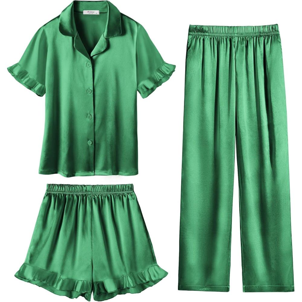 image:imageArshiner Girls Pajamas Sets 3 Piece Silk Pjs Short Sleeve Sleepwear Satin Ruffle NightwearDark Green
