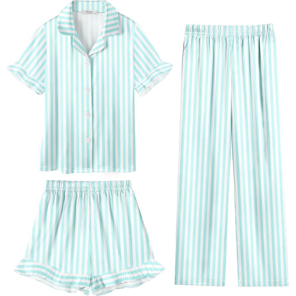 image:imageArshiner Girls Pajamas Sets 3 Piece Silk Pjs Short Sleeve Sleepwear Satin Ruffle NightwearGreen Stripes