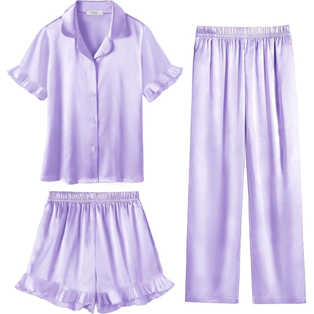 image:imageArshiner Girls Pajamas Sets 3 Piece Silk Pjs Short Sleeve Sleepwear Satin Ruffle NightwearLight Purple