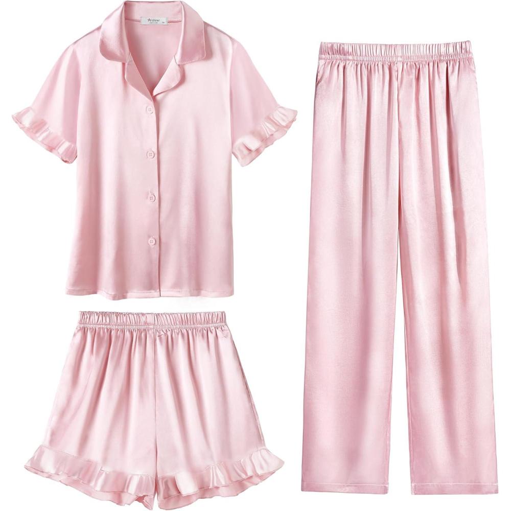 image:imageArshiner Girls Pajamas Sets 3 Piece Silk Pjs Short Sleeve Sleepwear Satin Ruffle NightwearLotus Root Pink