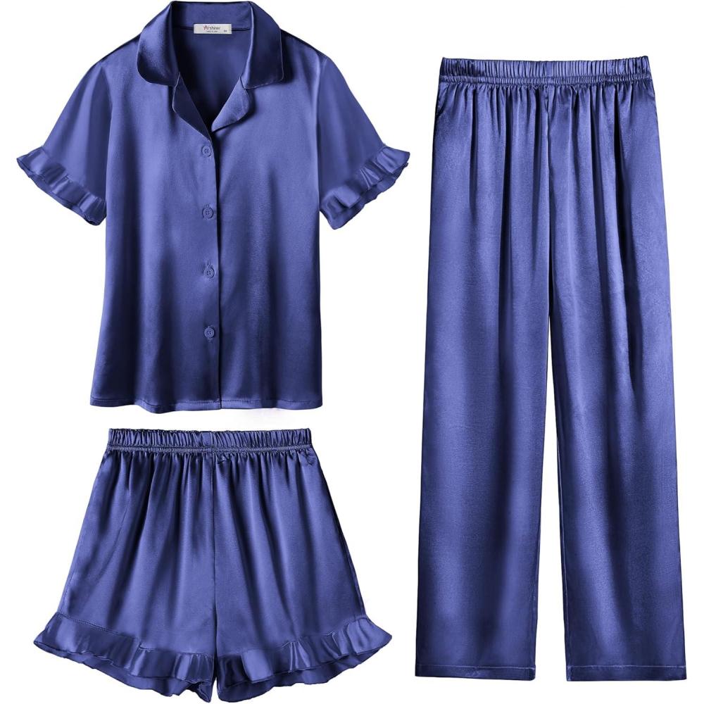 image:imageArshiner Girls Pajamas Sets 3 Piece Silk Pjs Short Sleeve Sleepwear Satin Ruffle NightwearNavy