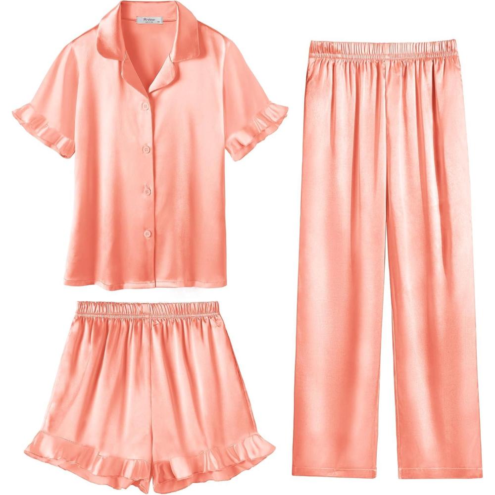 image:imageArshiner Girls Pajamas Sets 3 Piece Silk Pjs Short Sleeve Sleepwear Satin Ruffle NightwearOrange Pink