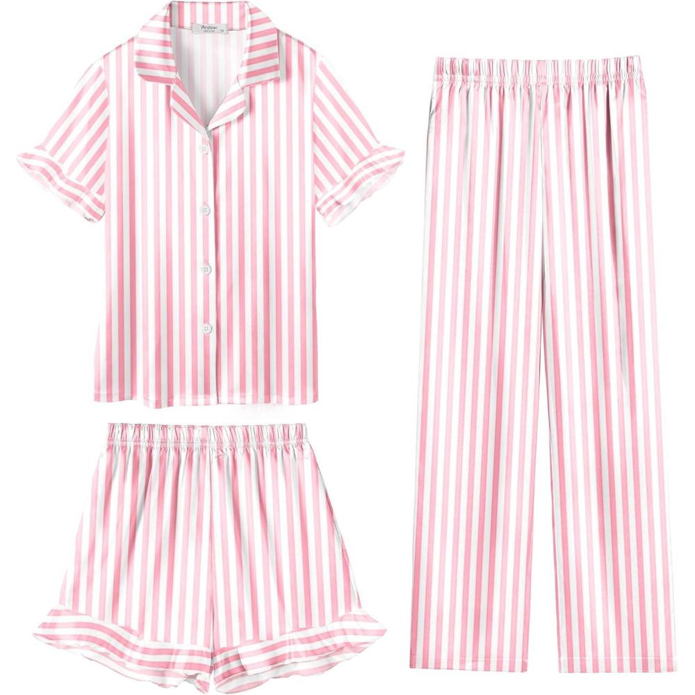 image:imageArshiner Girls Pajamas Sets 3 Piece Silk Pjs Short Sleeve Sleepwear Satin Ruffle NightwearPink Stripes