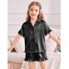 Arshiner Girls Pajamas Sets 3 Piece Silk Pjs Short Sleeve Sleepwear Satin Ruffle Nightwear(Black)