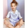 Arshiner Girls Pajamas Sets 3 Piece Silk Pjs Short Sleeve Sleepwear Satin Ruffle Nightwear(Blue Stripes)