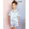 Arshiner Girls Pajamas Sets 3 Piece Silk Pjs Short Sleeve Sleepwear Satin Ruffle Nightwear(Blue Stripes)