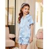 Arshiner Girls Pajamas Sets 3 Piece Silk Pjs Short Sleeve Sleepwear Satin Ruffle Nightwear(Light Blue)