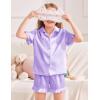 Arshiner Girls Pajamas Sets 3 Piece Silk Pjs Short Sleeve Sleepwear Satin Ruffle Nightwear(Light Purple)