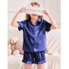 Arshiner Girls Pajamas Sets 3 Piece Silk Pjs Short Sleeve Sleepwear Satin Ruffle Nightwear(Navy)