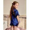 Arshiner Girls Pajamas Sets 3 Piece Silk Pjs Short Sleeve Sleepwear Satin Ruffle Nightwear(Navy)