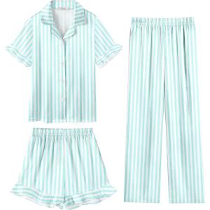 Arshiner Girls Pajamas Sets 3 Piece Silk Pjs Short Sleeve Sleepwear Satin Ruffle Nightwear(Green Stripes)