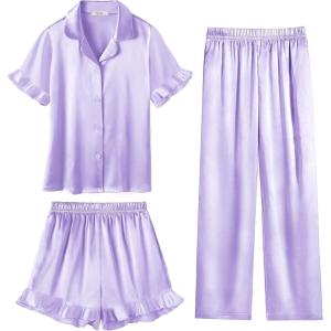 Arshiner Girls Pajamas Sets 3 Piece Silk Pjs Short Sleeve Sleepwear Satin Ruffle Nightwear(Light Purple)