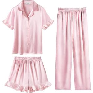 Arshiner Girls Pajamas Sets 3 Piece Silk Pjs Short Sleeve Sleepwear Satin Ruffle Nightwear(Lotus Root Pink)