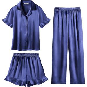 Arshiner Girls Pajamas Sets 3 Piece Silk Pjs Short Sleeve Sleepwear Satin Ruffle Nightwear(Navy)
