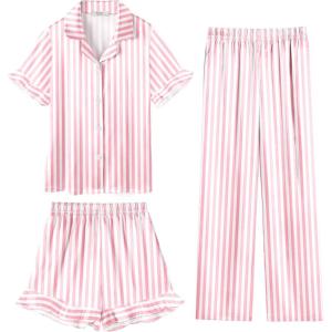 Arshiner Girls Pajamas Sets 3 Piece Silk Pjs Short Sleeve Sleepwear Satin Ruffle Nightwear(Pink Stripes)