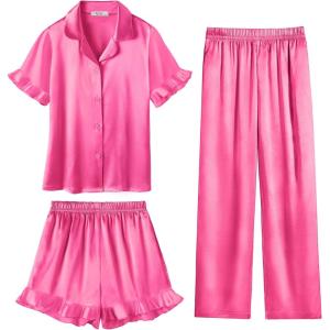 Arshiner Girls Pajamas Sets 3 Piece Silk Pjs Short Sleeve Sleepwear Satin Ruffle Nightwear(Rose Red)