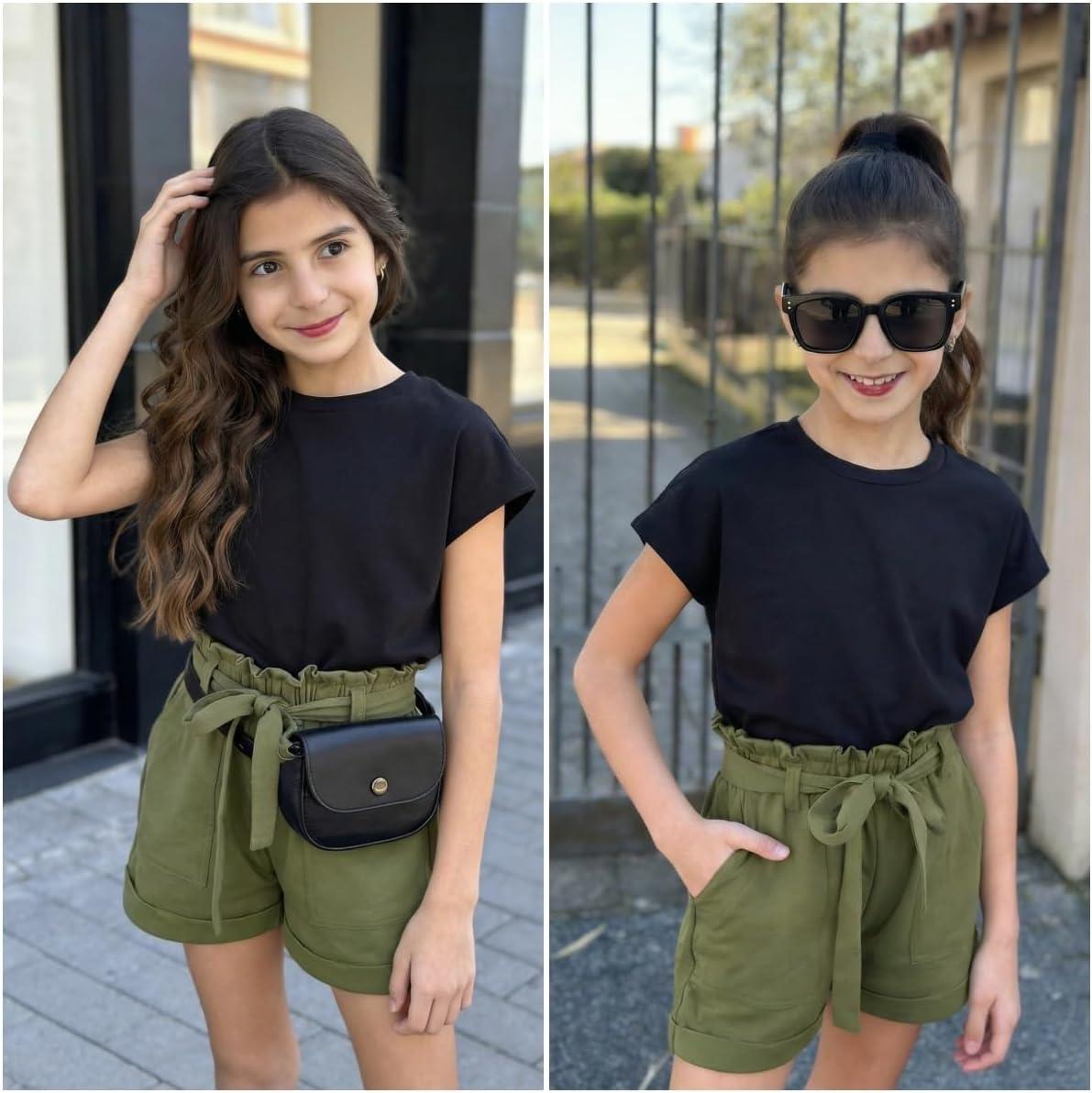 image:imageArshiner Girls 2 Piece Outfit Summer Drop Shoulder Batwing Sleeve Tops and Paperbag Waist Shorts Set Cute Clothing Size 614Blackarmy Green